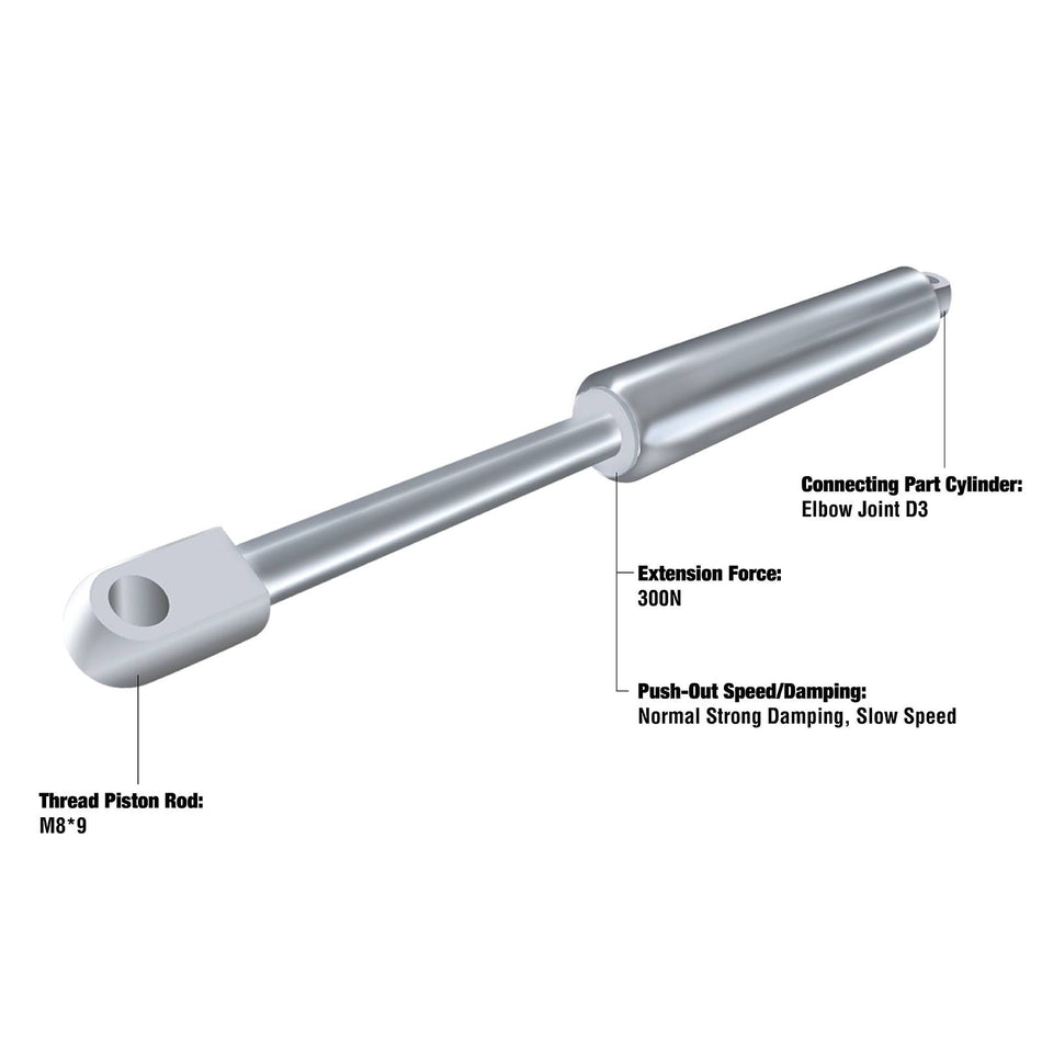 Bansbach Damped Gas Strut 300N - D3 Elbow, M8 Rod