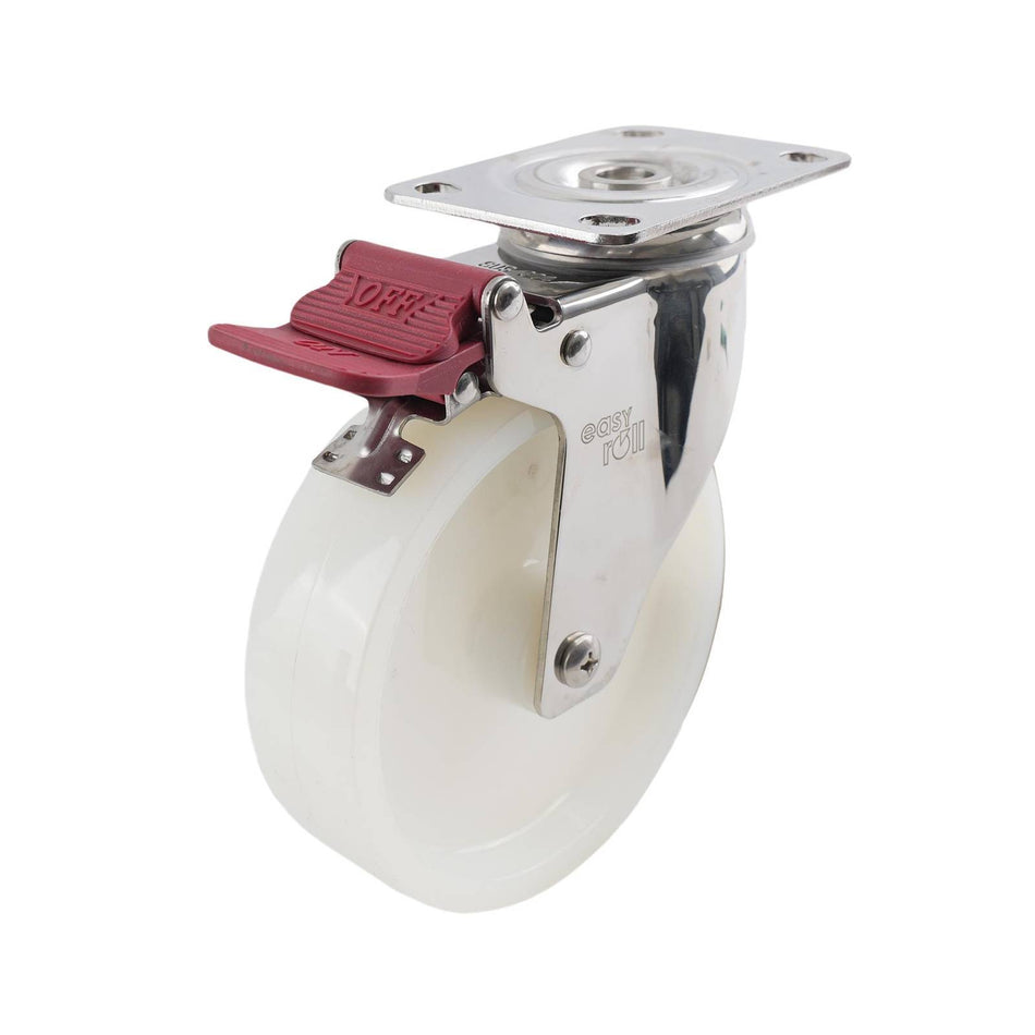 Easyroll 125mm White Nylon Swivel Plate Brake G7 Series Castor 100kg