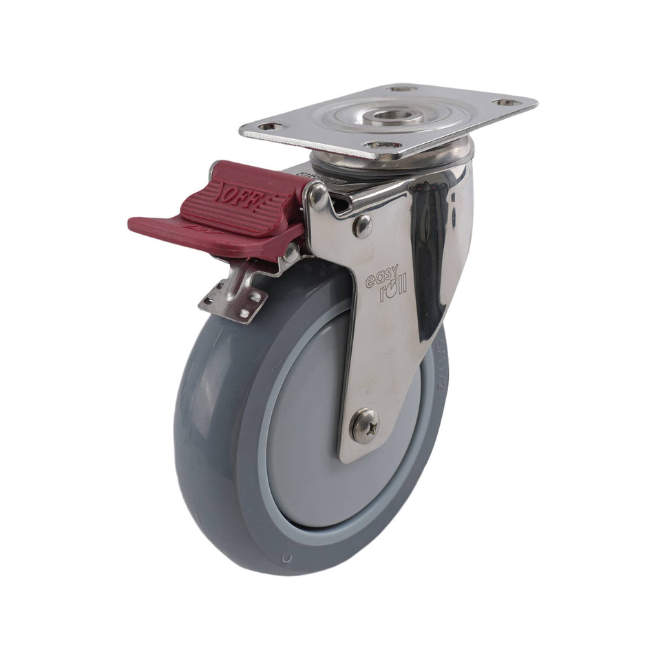Easyroll 125mm Grey Urethane Swivel Plate Brake G7 Series Castor 100kg