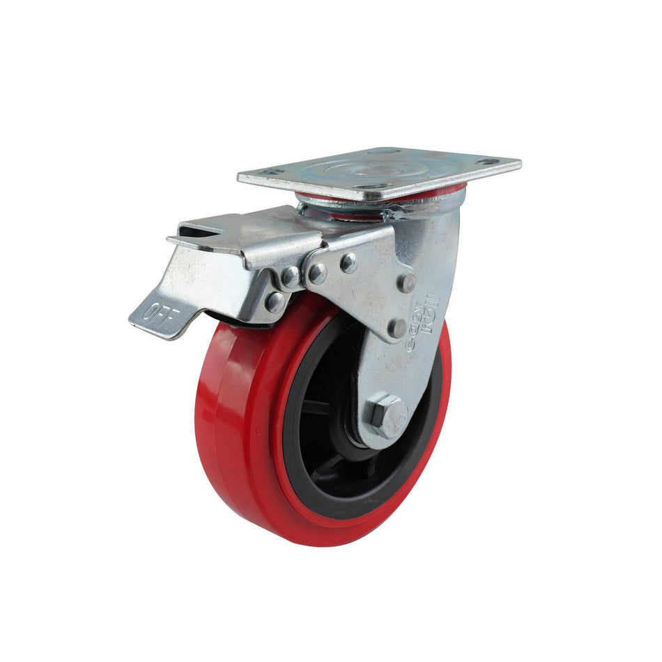 Easyroll 150mm Red Urethane Swivel Plate Brake J2 Series Castor 410kg