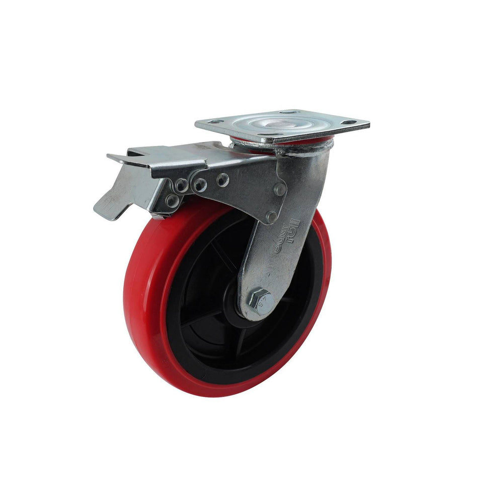Easyroll 150mm Red Urethane Swivel Plate Brake J2 Series Castor 455kg