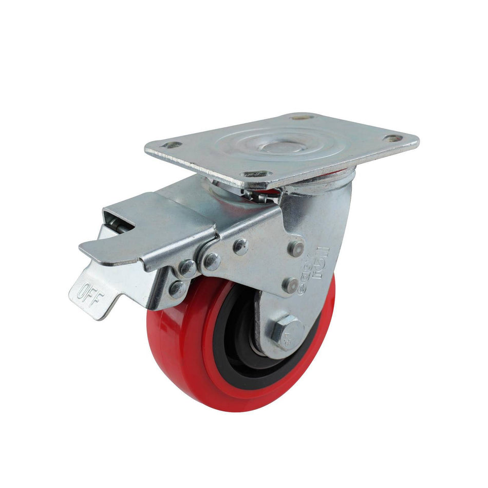 Easyroll 125mm Red Urethane Swivel Plate Brake J3 Series Castor 340kg