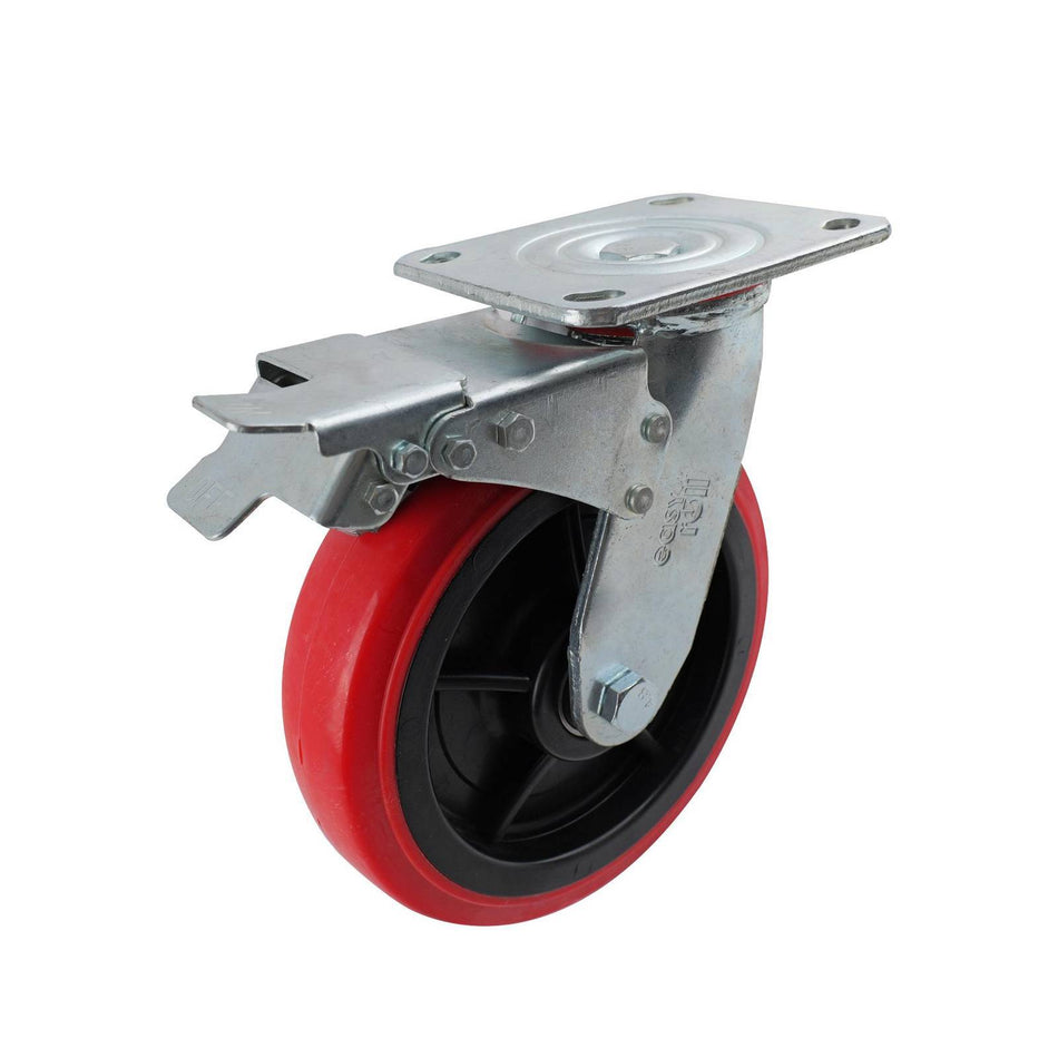 Easyroll 200mm Red Urethane Swivel Plate Brake J3 Series Castor 400kg