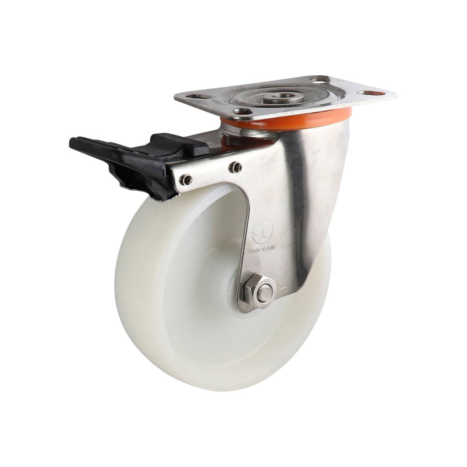Easyroll 125mm White Nylon Swivel Plate Brake S5 Series Castor 230kg