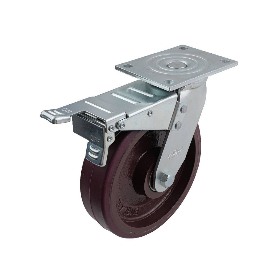 Easyroll 200mm Urethane Cast Iron Swivel Plate Brake TS Series Castor 600kg