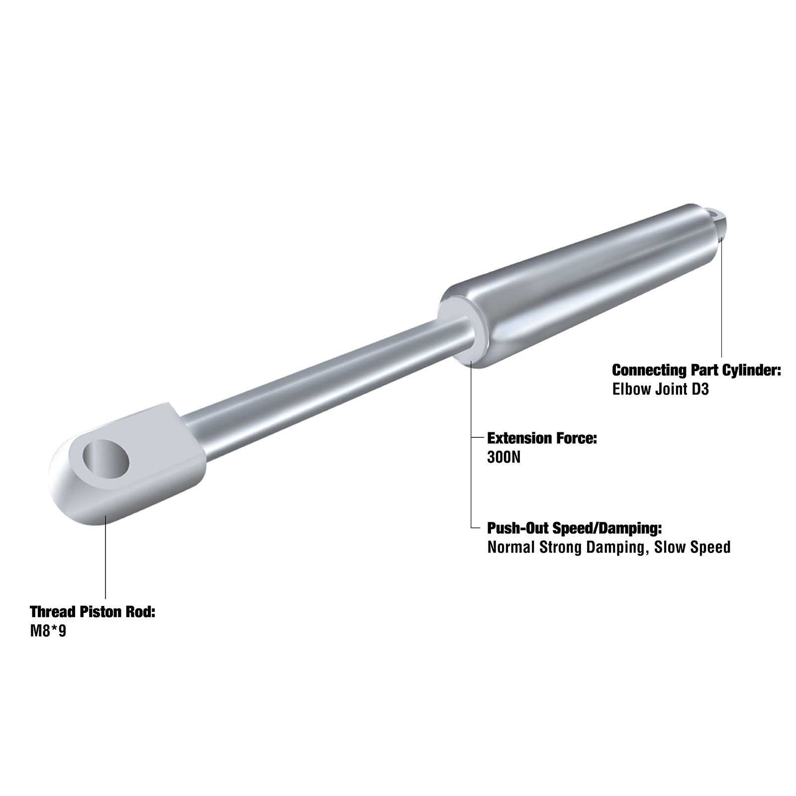 Annotated gas strut showing extension force 300 N, elbow joint cylinder fitting, M8 threaded piston rod and damping specification