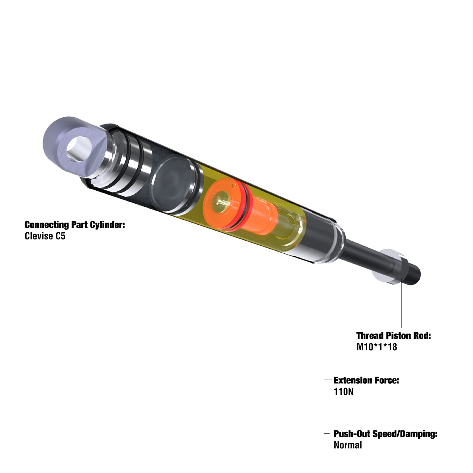 Cutaway of a gas strut showing the nitrogen charge, oil and piston, with a clevis fitting and 110 N extension force