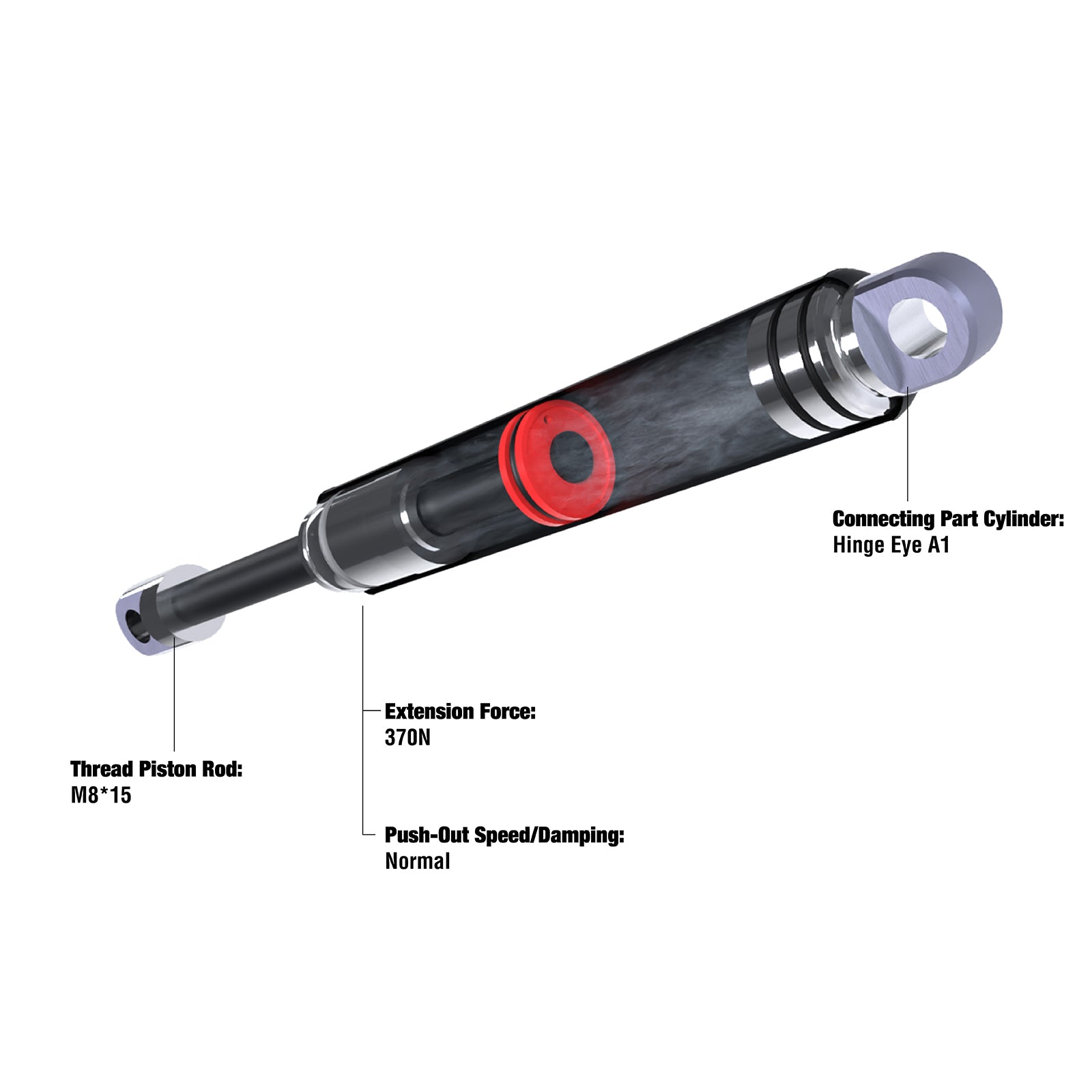 Cutaway gas strut with a hinge eye cylinder fitting, 370 N extension force and M8 threaded piston rod